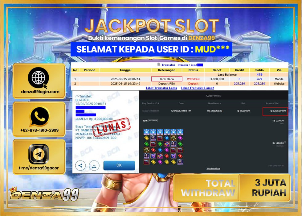 DENZA99 JACKPOT CYBER HEIST Rp.3.000.000.,- LUNAS