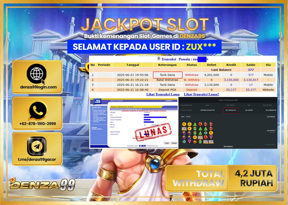 DENZA99 JACKPOT GATES OF OLYMPUS 1000 Rp. 4,200.000.,- LUNAS