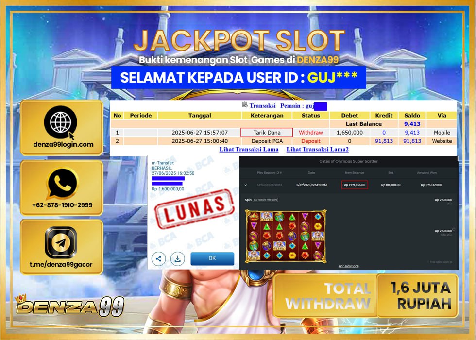 DENZA99 JACKPOT GATES OF OLYMPUS SUPER Rp.1.600.000- LUNAS