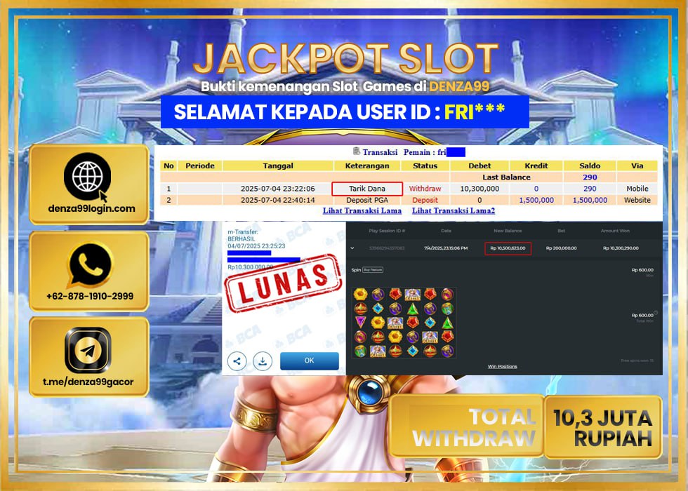 DENZA99 JACKPOT GATES OF OLYMPUS 1000 Rp.10.300.000- LUNAS