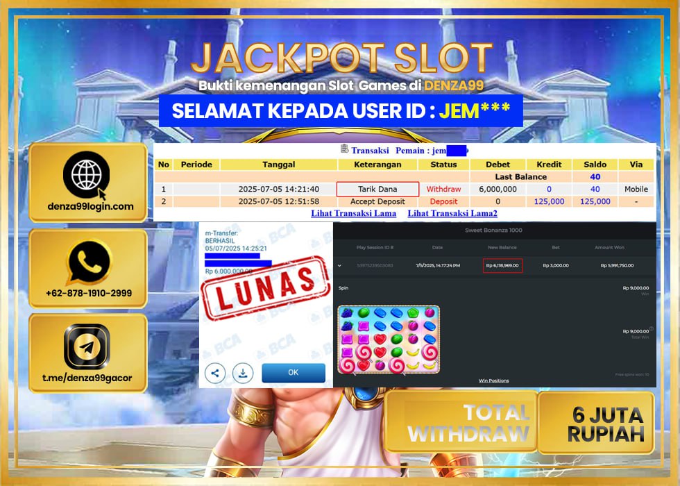 DENZA99 JACKPOT SWEET BONANZA 1000 Rp.6.000.000- LUNAS