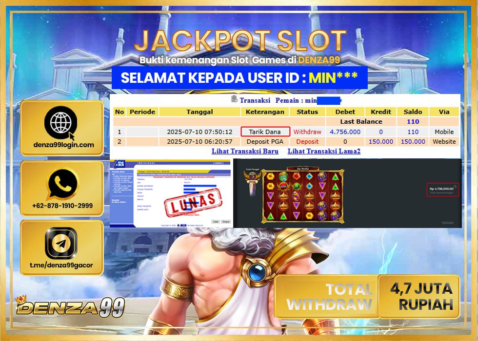 DENZA99 JACKPOT GATES OF OLYMPUS SUPER SCATTER  Rp. 4.700.000 LUNAS