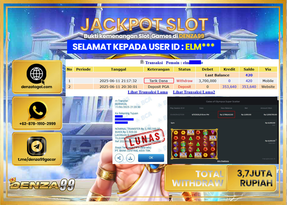 DENZA99 JACKPOT GATES OF OLYMPUS SUPER SCATTER Rp.3.700.000.,- LUNAS