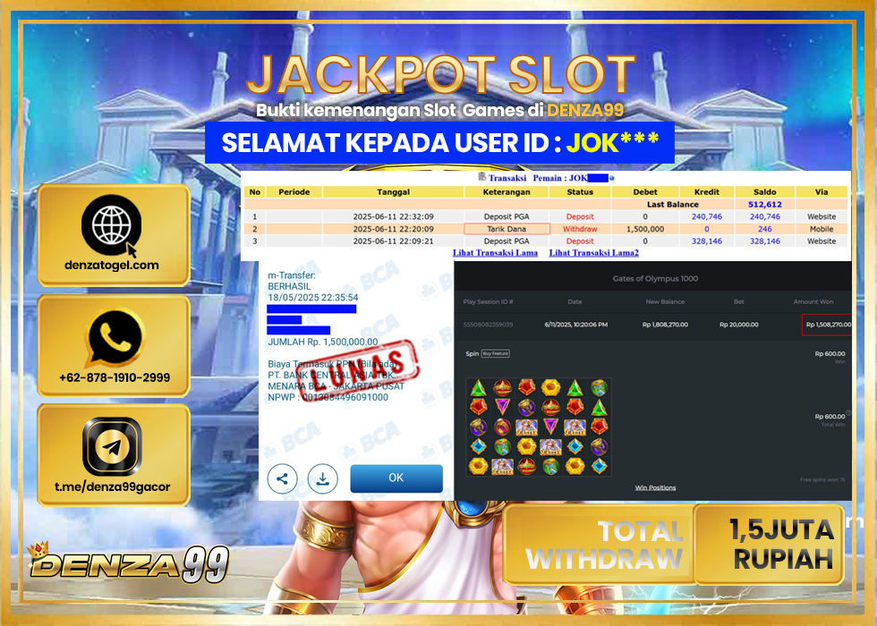 DENZA99 JACKPOT GATES OF OLYMPUS 1000 Rp.1.500.000.,- LUNAS